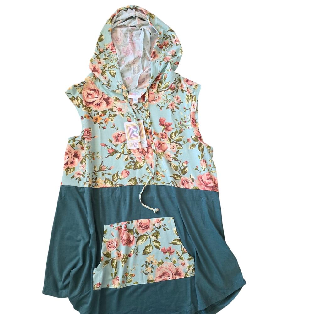 NWT LuLaRoe Brittany Floral Hooded Tank in a teal and floral block pattern sz XL
